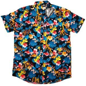 NWT Jurassic World Hawaiian Shirt XL Black Blue Compsognathus TRex Park Dinosaur